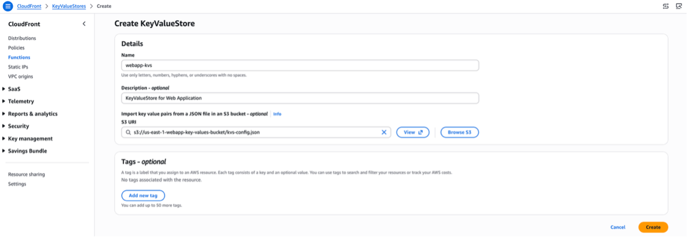 CloudFront console screenshot showing the Create KeyValueStore form with a name and S3 URI entered