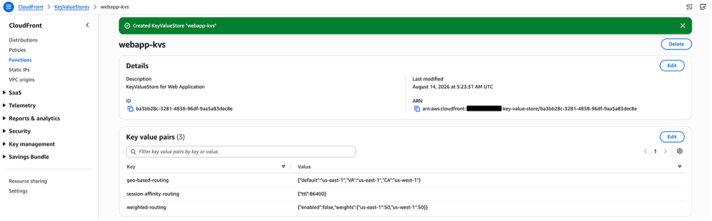 CloudFront console screenshot showing a KeyValueStore with status changed from Provisioning to a deployment timestamp