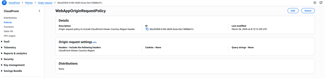 CloudFront console screenshot showing the newly created origin request policy