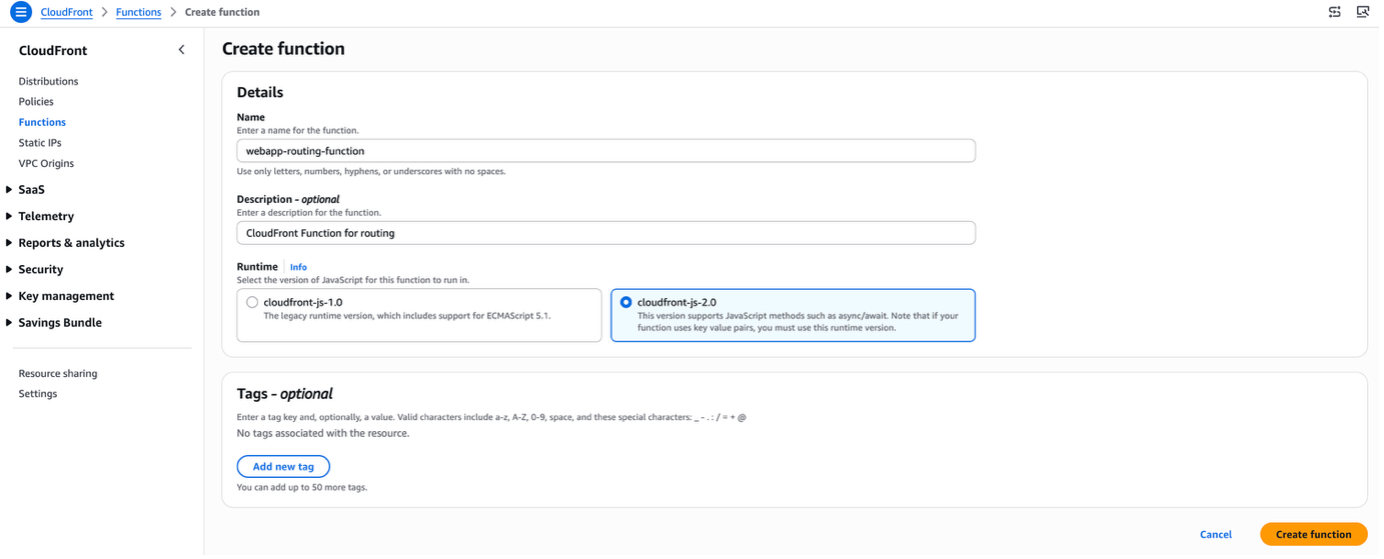 CloudFront console screenshot showing the Create Function form with function name and JavaScript version fields filled in