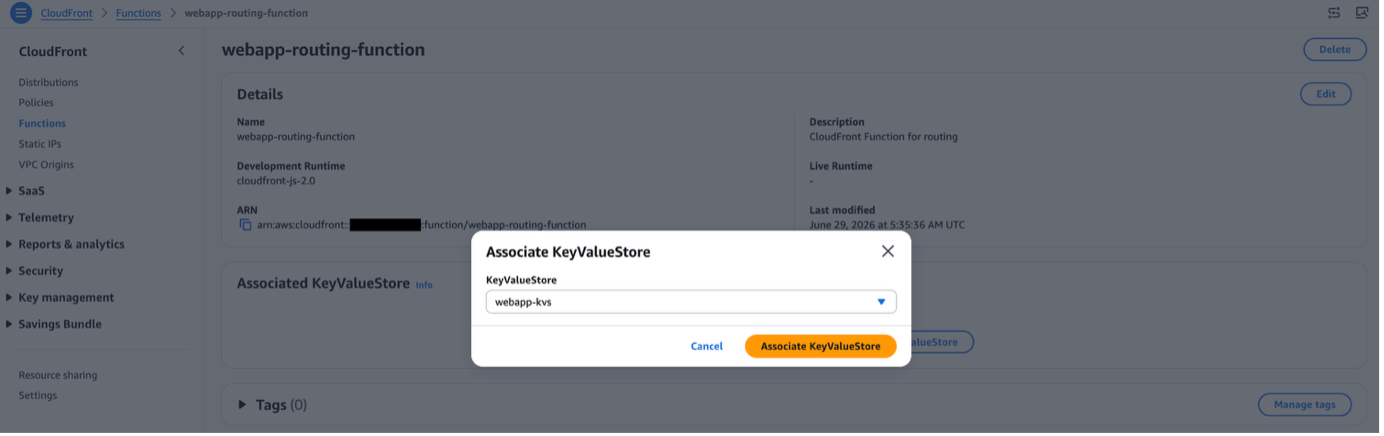 CloudFront console screenshot showing the Associate KeyValueStore dialog with a KeyValueStore selected for association