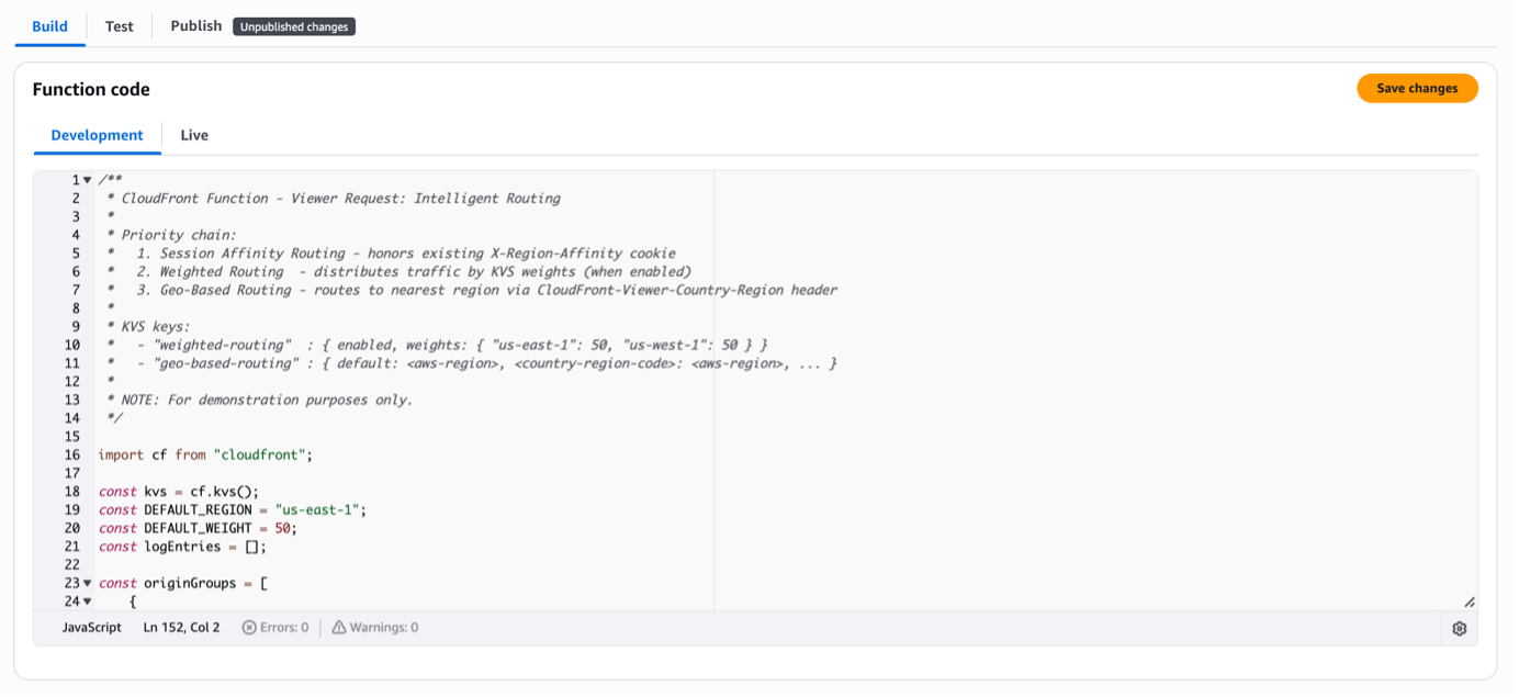 CloudFront console code editor showing JavaScript function code for multi-region routing using KVS and origin groups