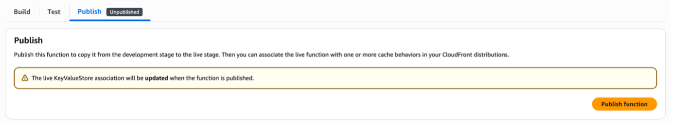 CloudFront console screenshot showing the Publish tab with the Publish function button