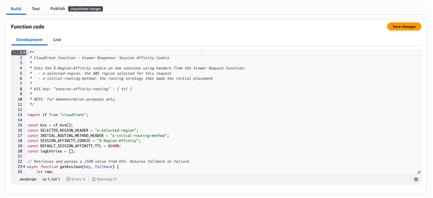 CloudFront console code editor showing JavaScript function code for setting a session affinity cookie in the viewer response