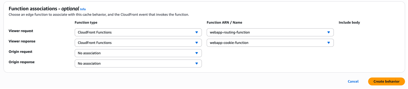 CloudFront console screenshot showing function associations section with both viewer request and response functions selected