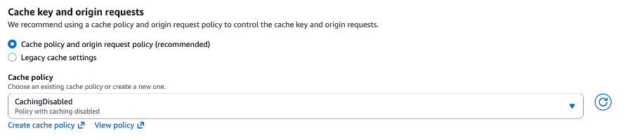 CloudFront console screenshot showing the cache policy dropdown with CachingDisabled selected for the behavior
