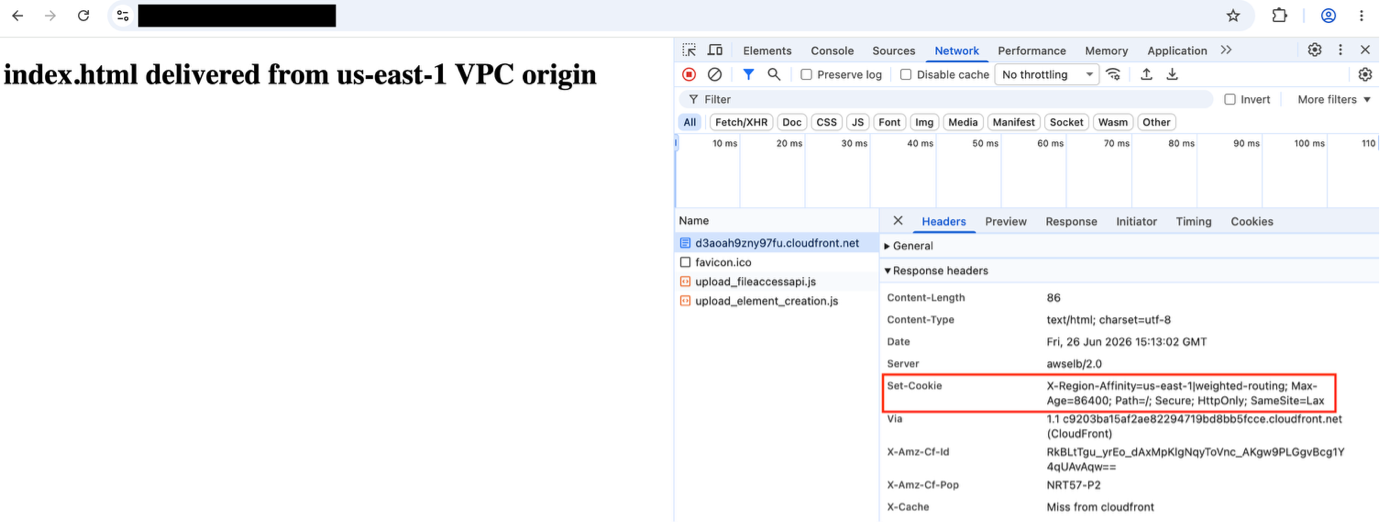 Browser screenshot showing the first request response served from a selected region with session affinity cookie being set