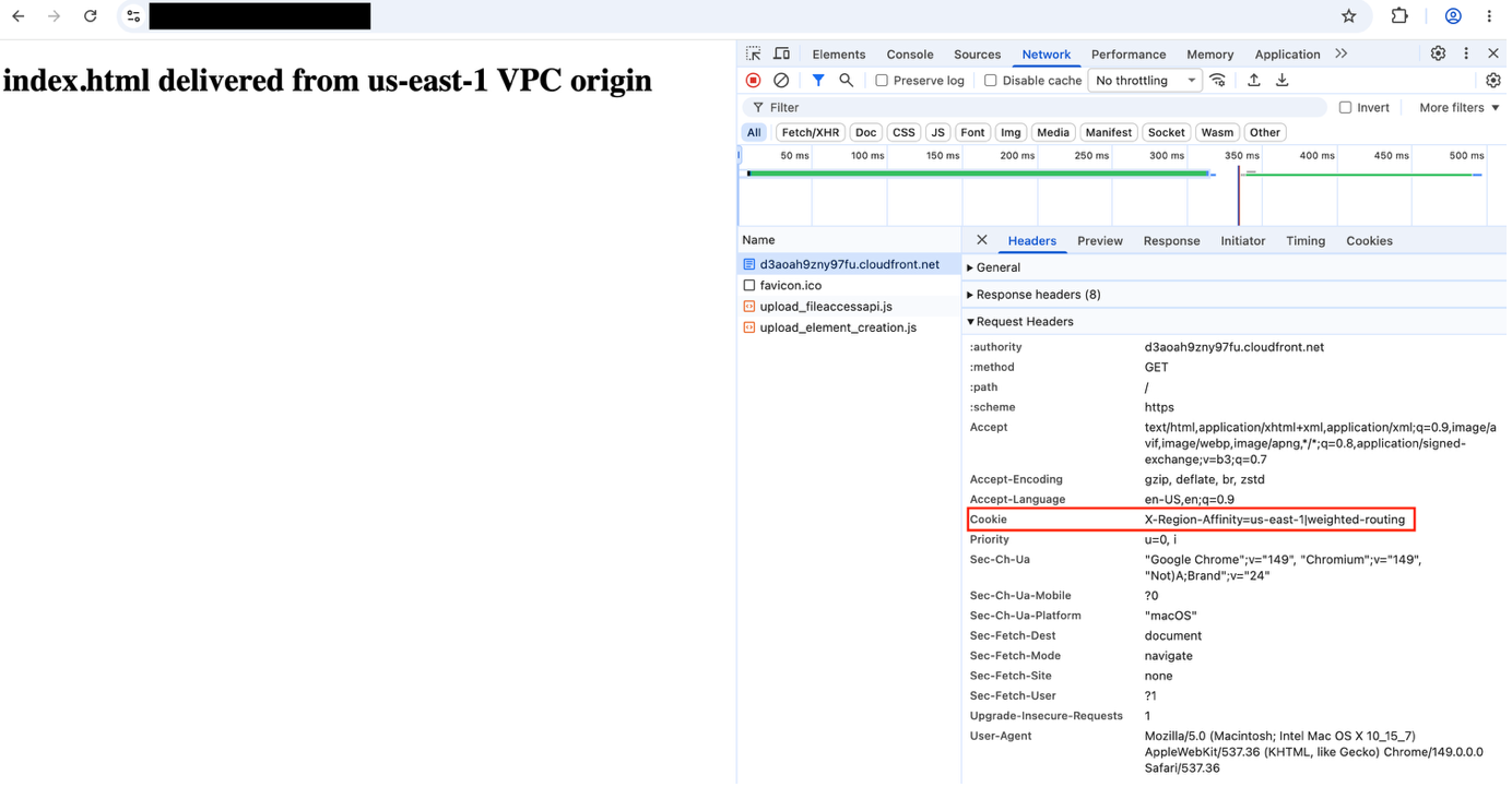 Browser screenshot showing a subsequent request response served from the same region due to the session affinity cookie