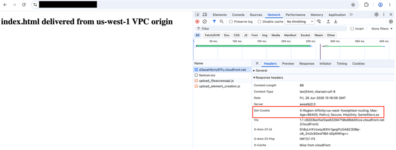 Browser screenshot showing a request response after cookie deletion where the session is no longer pinned to a region