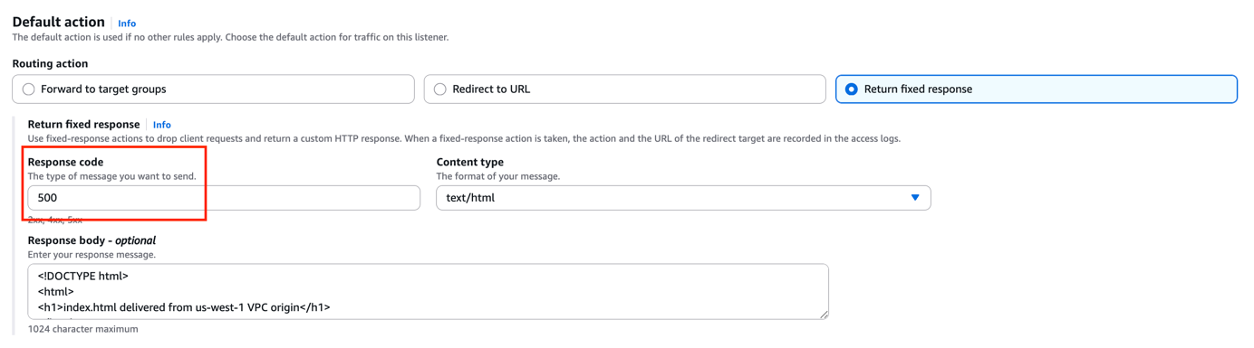 Amazon EC2 console screenshot showing ALB listener default action changed to return a fixed 500 response code