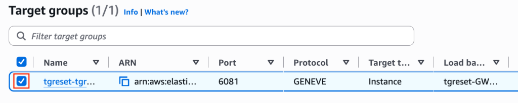 : The Amazon EC2 console Target Groups list. The GWLB target group uses the GENEVE protocol on port 6081.