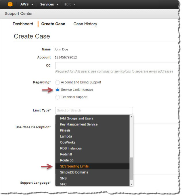 Create SES sending limit increase case