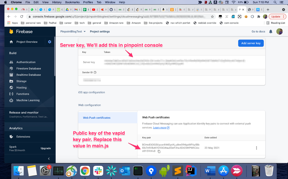 Setting up web push - Copying the FCM server key