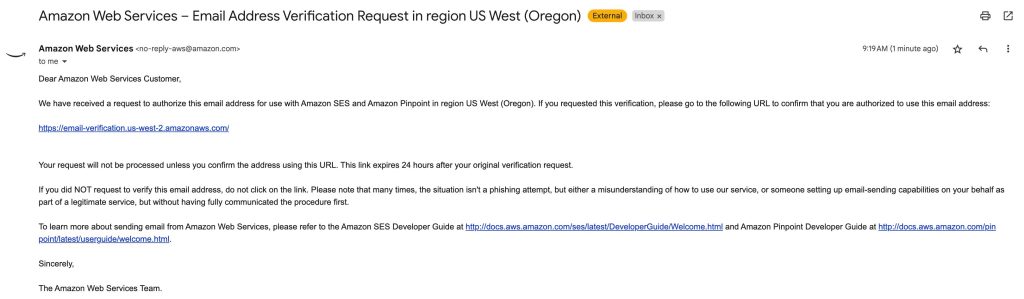 Fig. 5: Email Verification message from Amazon Pinpoint