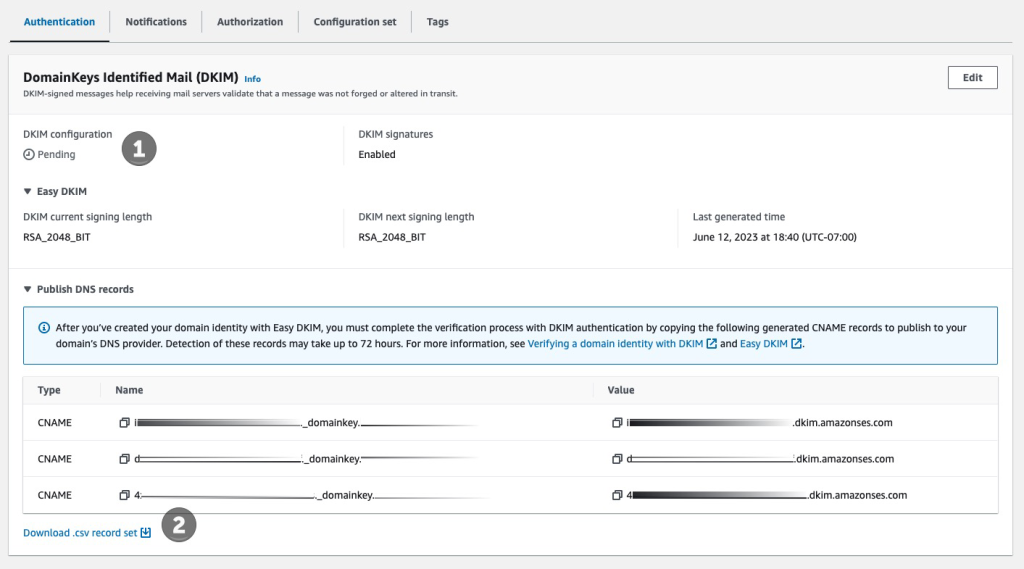 SES DomainKeys Identified Mail (DKIM)