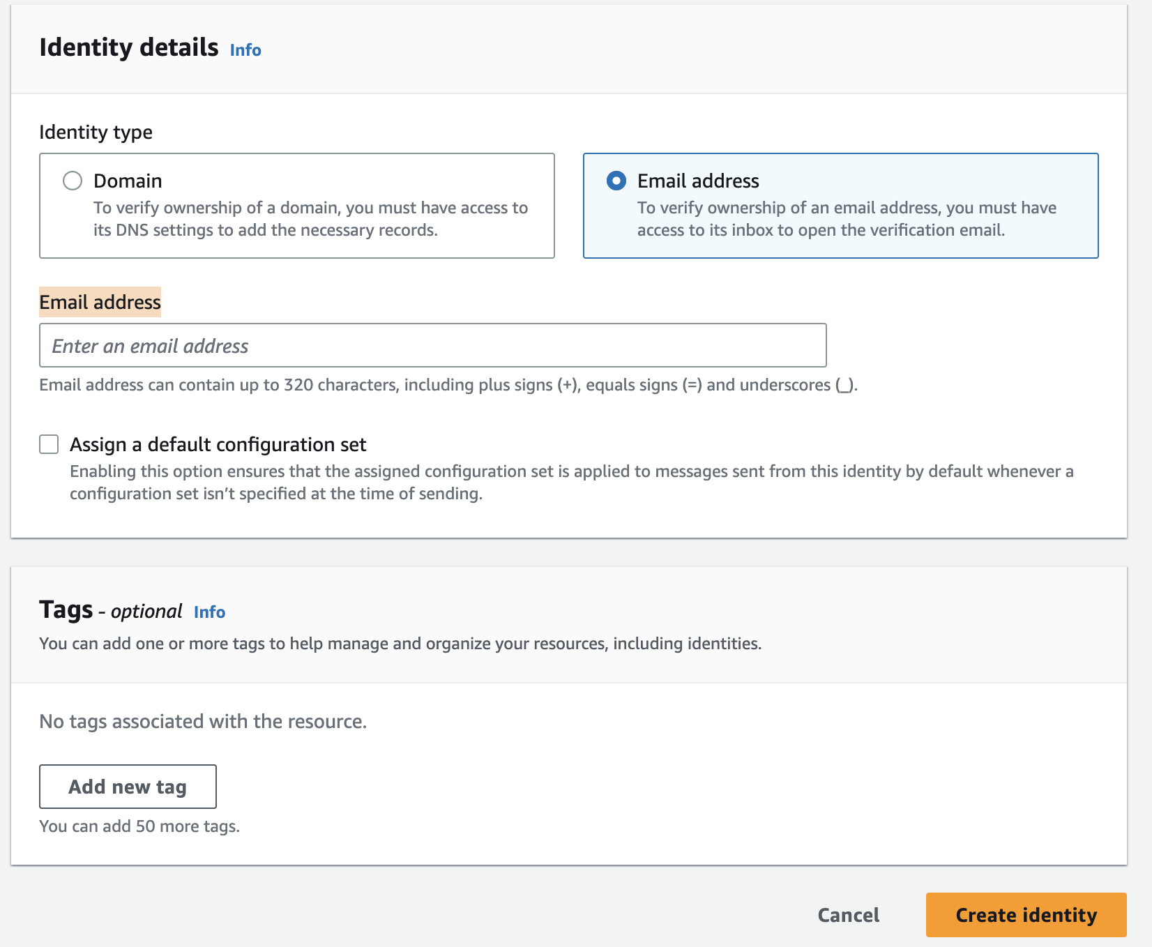 The dialog presented to a sender when they choose to verify an email address in the SES console.