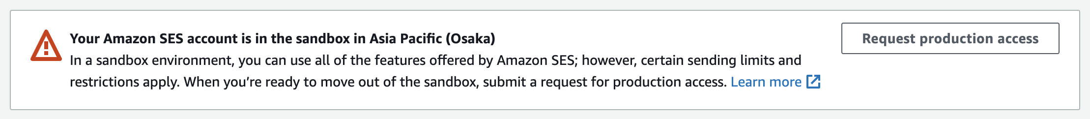 The dialog from the SES console showing that the SES account is still in the sandbox.