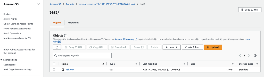 Screenshot of Amazon S3 console, showing the ses-documents bucket containing the file tes/hello.txt