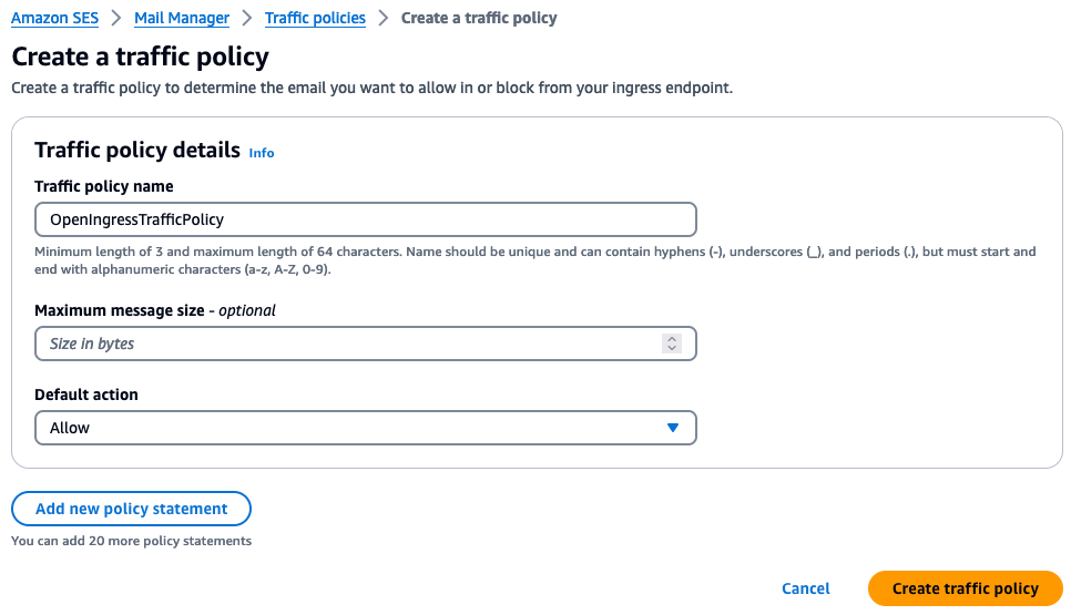 Figure 6: Screenshot of a traffic policy for accepting all email from the internet