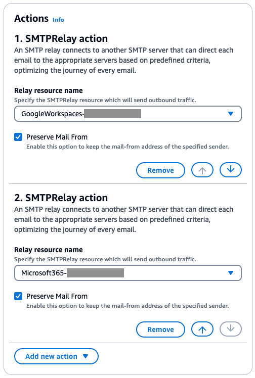 Figure 7: A Mail Manager rule configured with an SMTP Relay action for Google Workspaces and another SMTP Relay actions for Microsoft 365