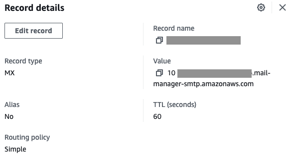 Figure 13: A screenshot of an MX record configured in Amazon Route 53