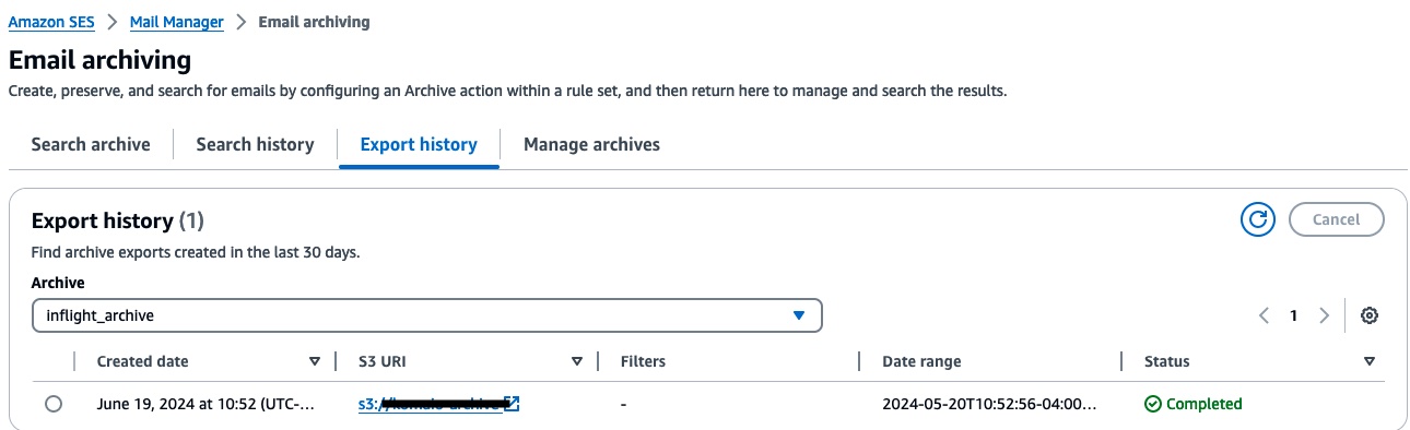 Figure 7: Mail Manager’s archive Export History