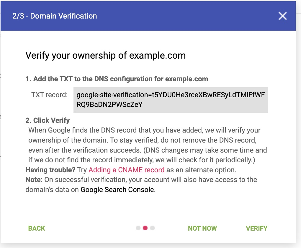 Step 2 to verify a domain in Google Postmaster Tools