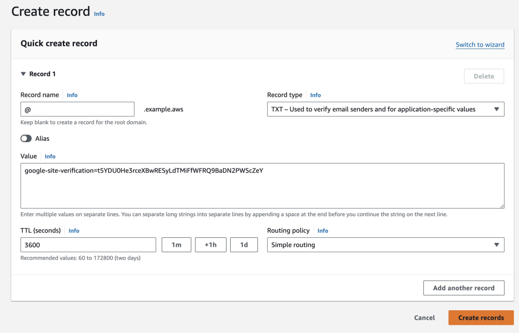 This image describe the creation of a TXT record including the value provided by Google Postmaster to verify the domain