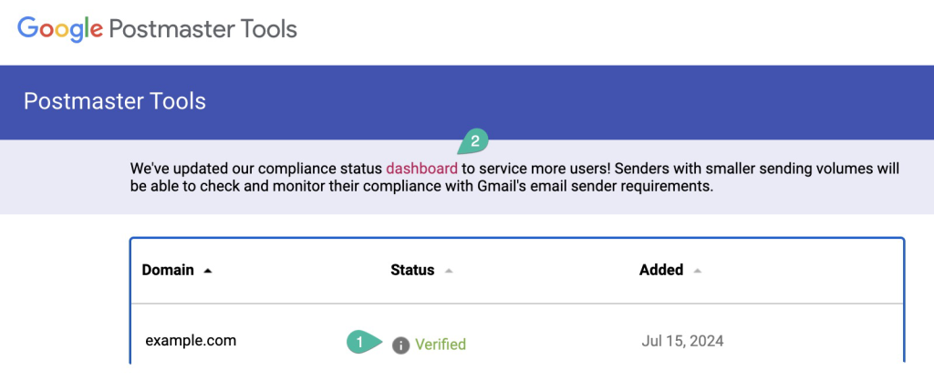 In this picture we show an example of how the domain would appear once verified in Google Postmaster Tools