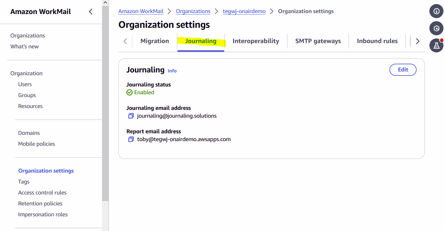 Organization settings Journaling tab