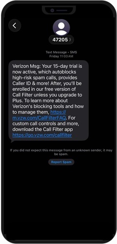 SMS text message from short code 47205 showing a Verizon Call Filter trial activation notice in a dark-themed mobile messaging app, with no sender branding, a generic profile icon, and a "Report Spam" warning at the bottom.