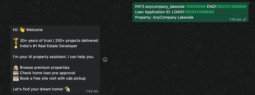 WhatsApp screen showing the customer’s prefilled enquiry message and the AI assistant’s welcome reply with a list picker of available properties.