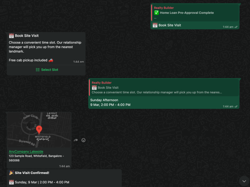 WhatsApp screen showing a site visit confirmation with the assigned relationship manager’s details and a pinned location card.