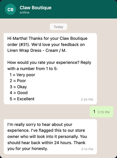 WhatsApp order confirmation message followed by a feedback survey rating prompt