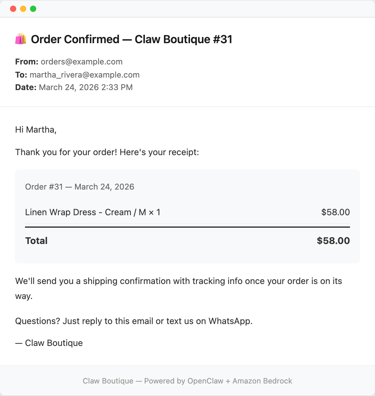 Order confirmation email sent through Amazon SES