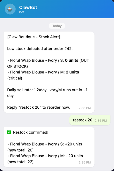Telegram stock alert showing stock levels with a restock command reply
