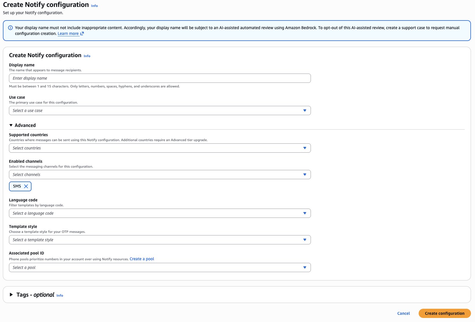 Notify configuration creation form in the AWS End User Messaging SMS console with display name and use case fields