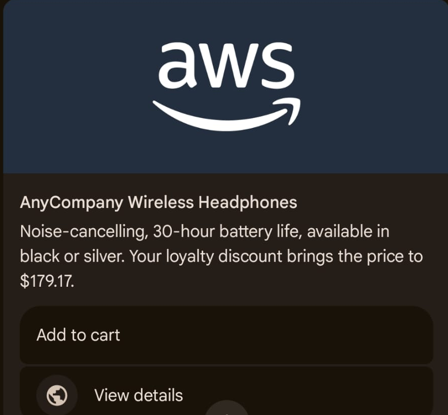 Vertical rich card with a product image, title, description, and Add to cart and View details buttons