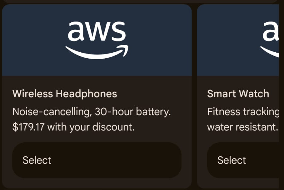 Carousel showing the first two product cards, Wireless Headphones and Smart Watch, each with a Select button