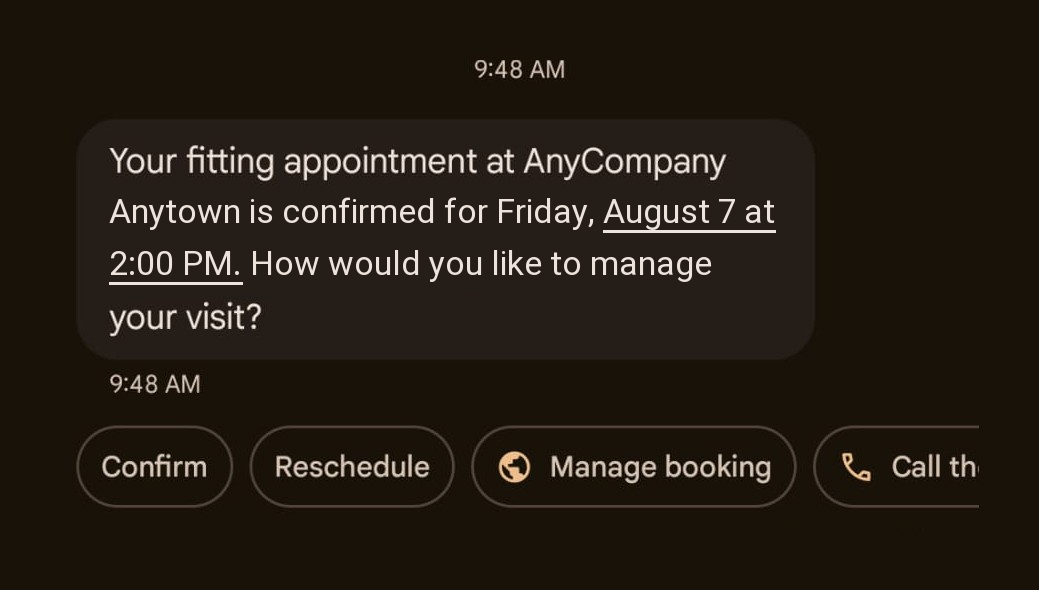 The first suggestion chips shown below the appointment message: Confirm, Reschedule, Manage booking, and Call the store
