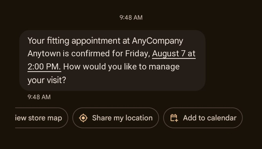 The remaining suggestion chips: View store map, Share my location, and Add to calendar