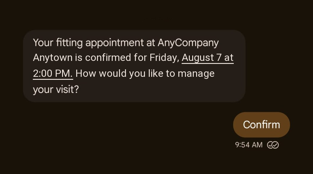 Tapping Confirm sends the chip text back as a reply from the recipient, shown with a read receipt