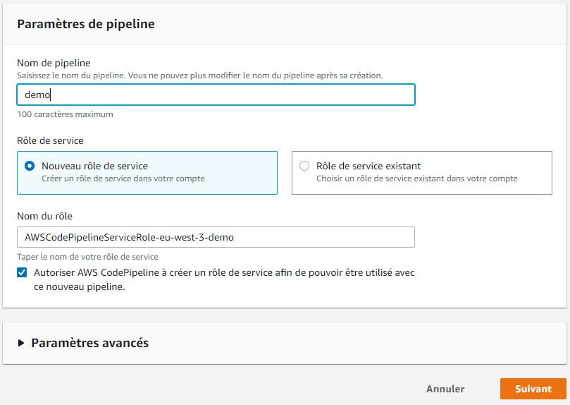 Etape 1 de création de AWS CodePipeline