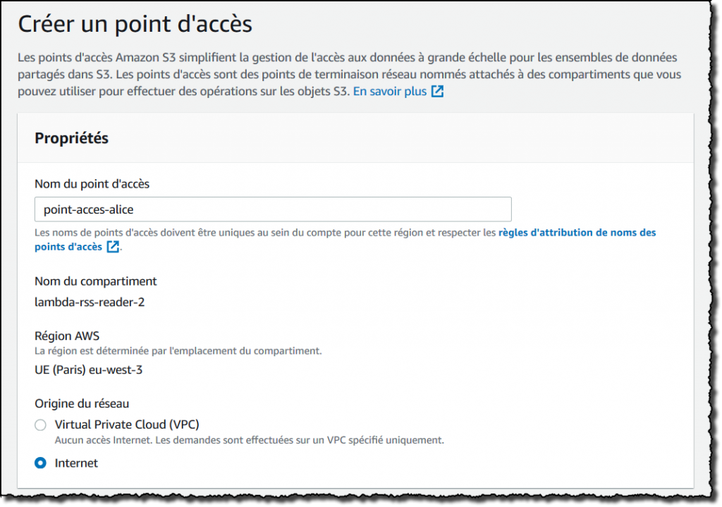 Configuration du point d'accès pour la fonction Lambda.