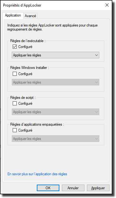 Propriétés d'AppLocker