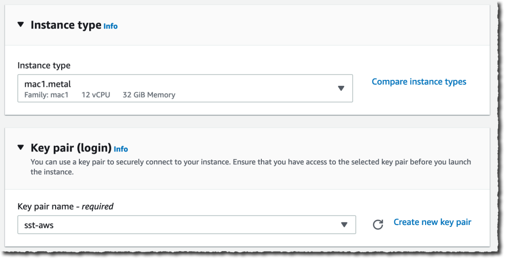 EC2 instance type and keypair