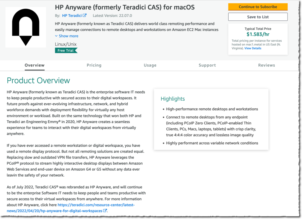 EC2 Mac HP Anyware Marketplace