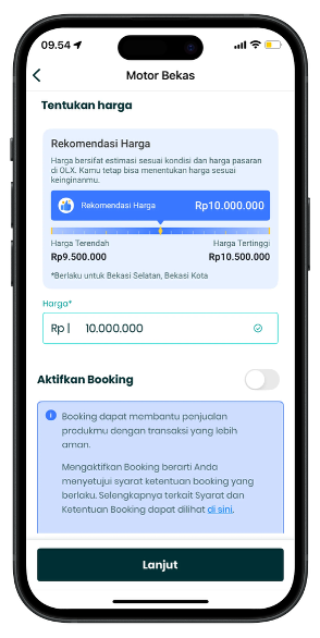 Tampilan fitur “Rekomendasi Harga” pada aplikasi OLX Indonesia menampilkan rentang harga terendah, harga rekomendasi, dan harga tertinggi berdasarkan wilayah