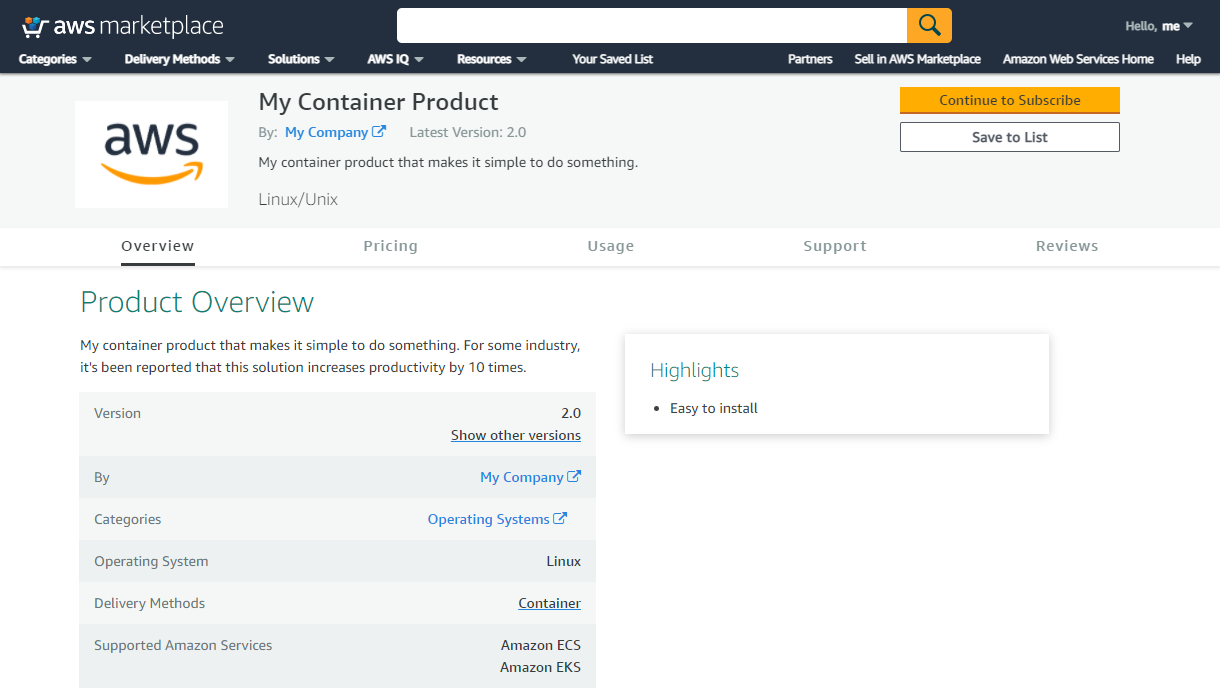 Screenshot of example product detail page for My Container Product with short and long descriptions