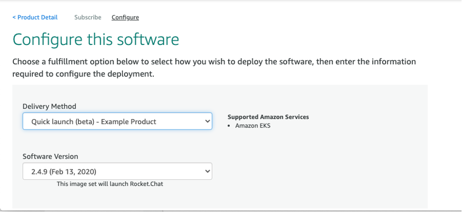 AWS Marketplace Configure this software page screenshot with the Delivery Method of Quick Launch (beta) – Example Product selected